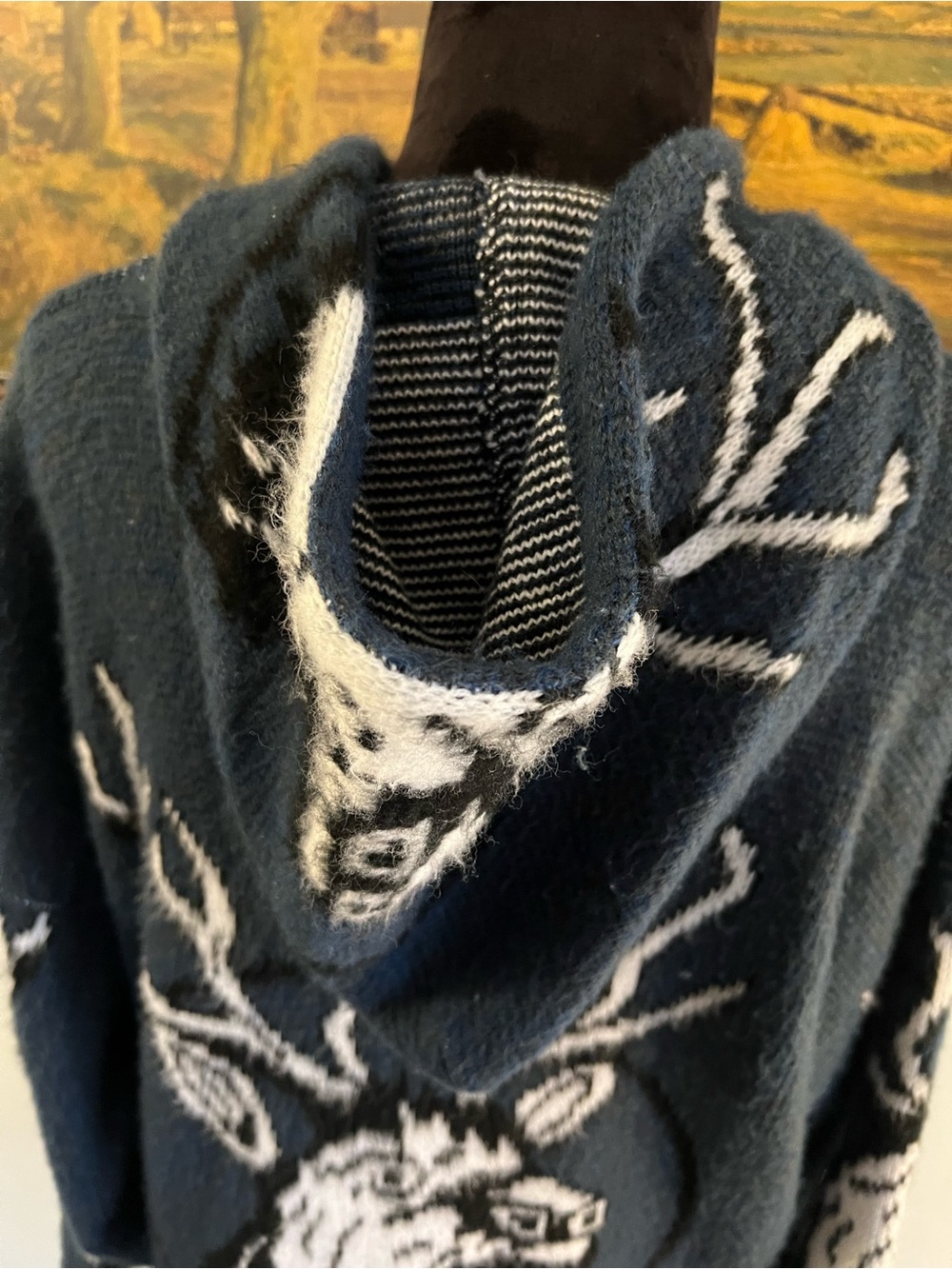 Vintage Tejidos Ruminahui stag deer wool navy hoodie cozy cabincore woodland - Picture 5 of 6